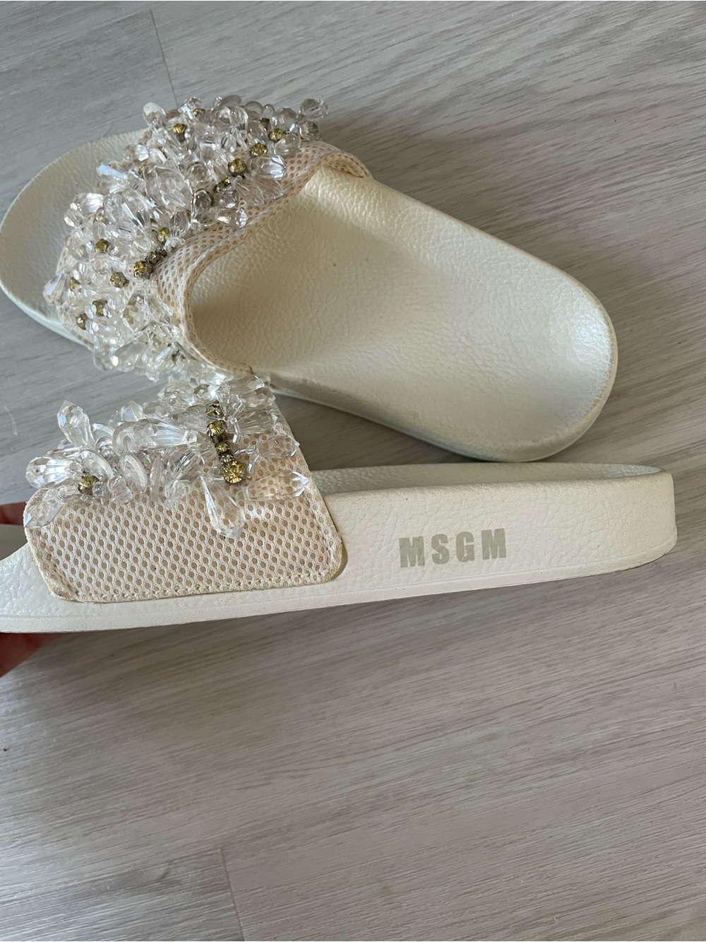 MSGM Embellished Rhinestone Ivory Slide Sandals